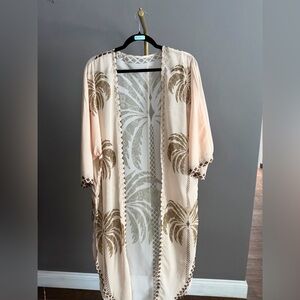 Tropical Palm Tree 2 Piece Set Cream Kimono Top  Wide Leg Pants Boho Resort Wear